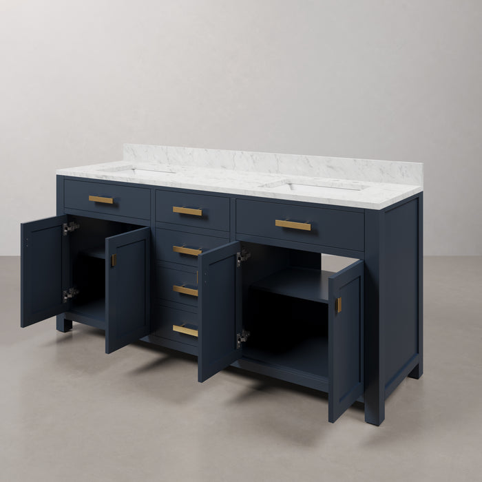 Kingston Madison MS72CW06MB - 72 in. x 21.5 in. Bathroom Vanity Carrara White Marble Top and White Basins, Monarch Blue
