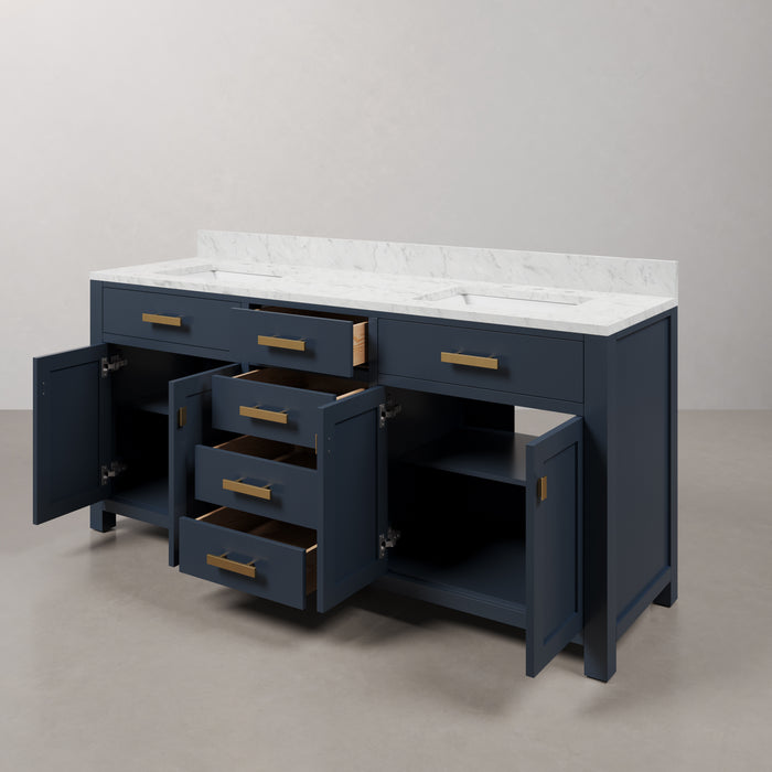 Kingston Madison MS72CW06MB - 72 in. x 21.5 in. Bathroom Vanity Carrara White Marble Top and White Basins, Monarch Blue