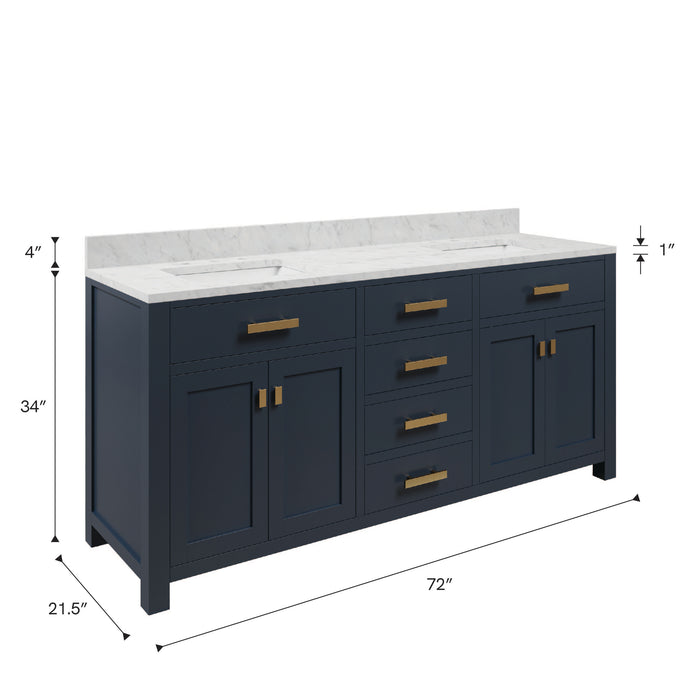 Kingston Madison MS72CW06MB - 72 in. x 21.5 in. Bathroom Vanity Carrara White Marble Top and White Basins, Monarch Blue