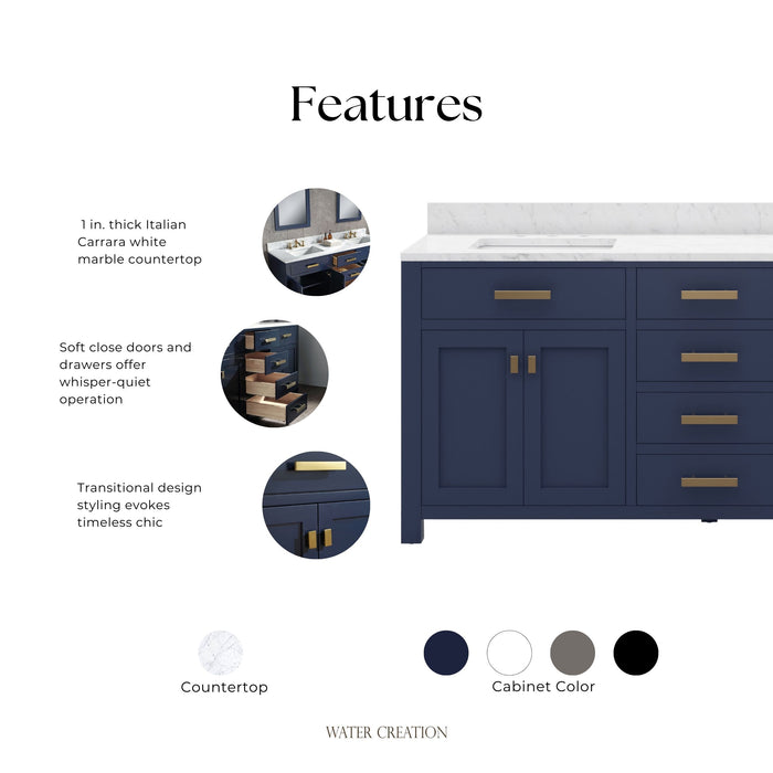 Kingston Madison MS72CW06MB - 72 in. x 21.5 in. Bathroom Vanity Carrara White Marble Top and White Basins, Monarch Blue