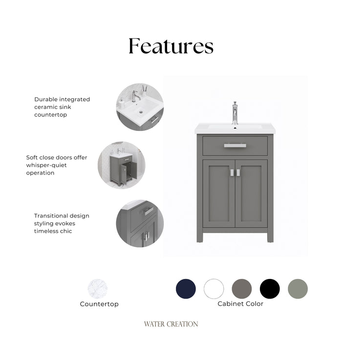 Kingston Myra MY24CR01CG - 24 in. x 18.3 in. Bathroom Vanity Integrated Ceramic Top and Sink, Cashmere Grey