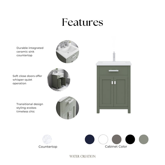 Kingston Myra MY24CR01GN - 24 in. x 18 in. Bathroom Vanity White Ceramic Top and White Basin, Glacial Green
