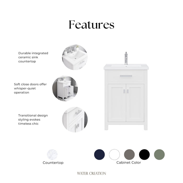 Kingston Myra MY24CR01PW - 24 in. x 18.3 in. Bathroom Vanity White Ceramic Top, Pure White