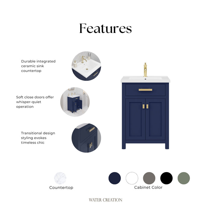 Kingston Myra MY24CR06MB - 24 in. x 18.3 in. Bathroom Vanity Integrated White Ceramic Top and Basin, Monarch Blue