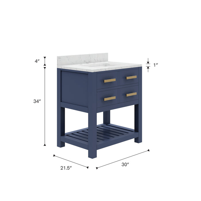 Kingston Madalyn MA30CW06MB - 30 in. x 21.5 in. Bathroom Vanity Carrara White Marble Top and White Basin, Monarch Blue