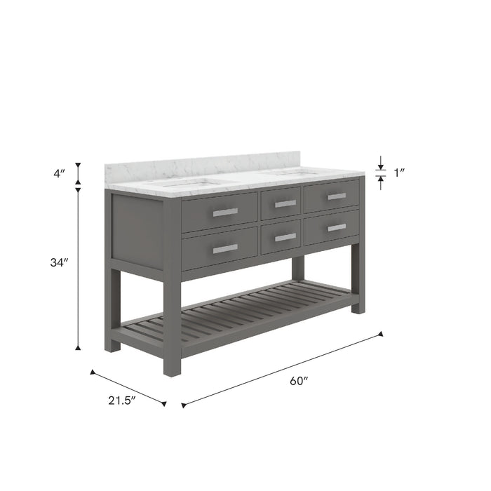 Kingston Madalyn MA60CW01CG - 60 in. x 21.5 in. Bathroom Vanity Carrara White Marble Top, Cashmere Grey