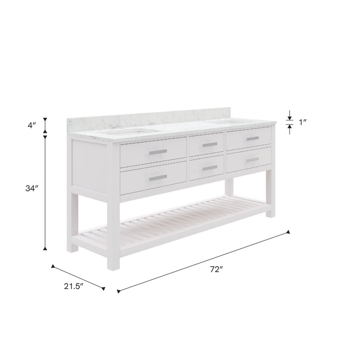 Kingston Madalyn MA72CW01PW - 72 in. x 21.5 in. Bathroom Vanity Carrara White Marble Top, Carrara White