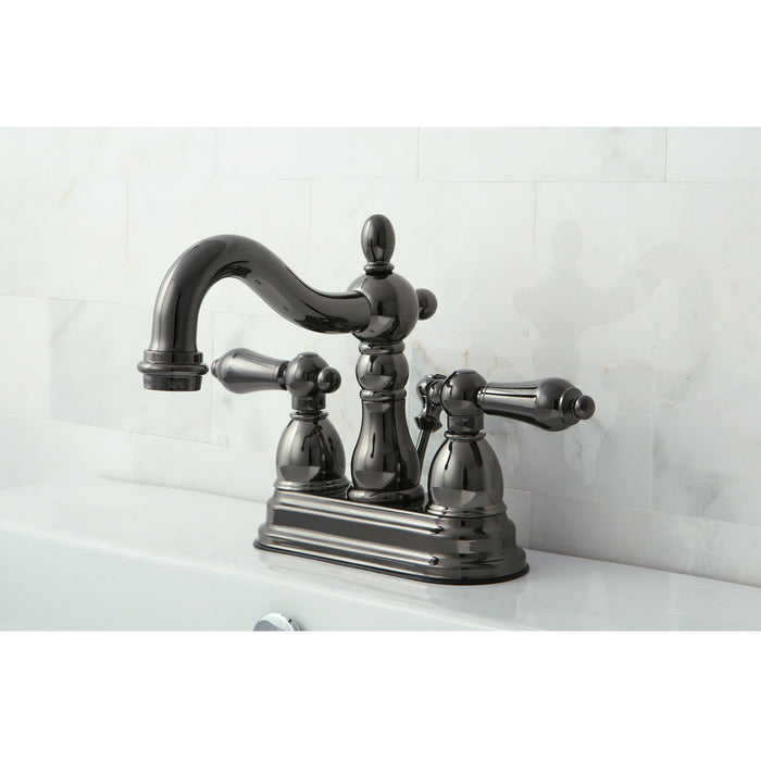 Kingston Heirloom NB1600AL - Water Onyx Double-Handle 3-Hole Deck Mount 4-Inch Centerset Bathroom Faucet with Pop-Up Drain, Black Stainless Steel