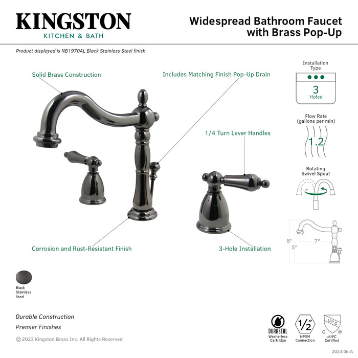 Kingston Heirloom NB1970AL - Water Onyx Two-Handle 3-Hole Deck Mount Widespread Bathroom Faucet with Brass Pop-Up, Black Stainless Steel