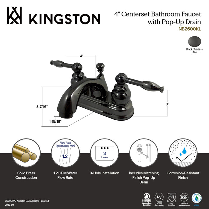 Kingston Water Onyx NB2600KL Double-Handle 3-Hole Deck Mount 4-Inch Centerset Bathroom Faucet with Pop-Up Drain, Black Stainless Steel