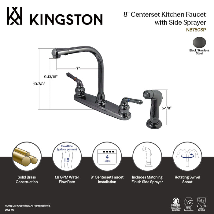 Kingston Water Onyx NB750SP Two-Handle 4-Hole 8" Centerset Kitchen Faucet with Side Sprayer, Black Stainless Steel