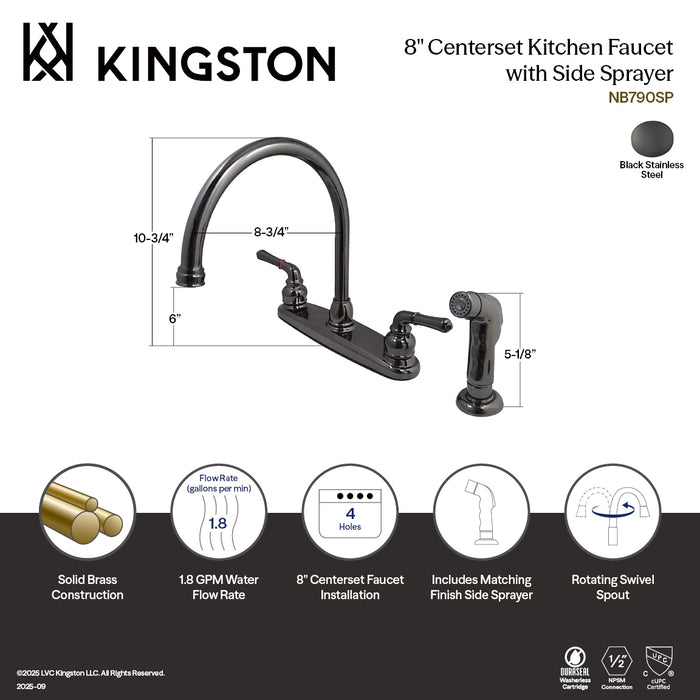 Kingston Water Onyx NB790SP Two-Handle 4-Hole 8" Centerset Kitchen Faucet with Side Sprayer, Black Stainless Steel
