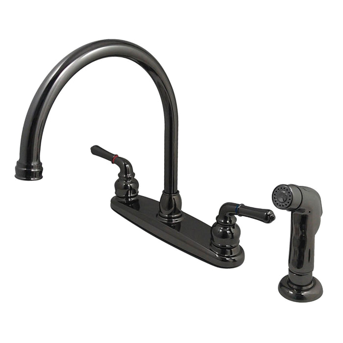 Kingston Water Onyx NB790SP Two-Handle 4-Hole 8" Centerset Kitchen Faucet with Side Sprayer, Black Stainless Steel