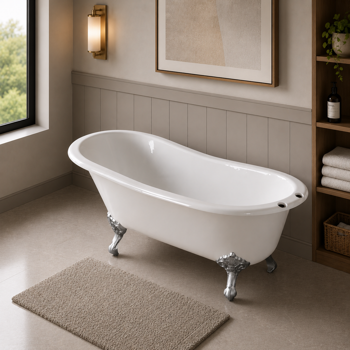 Kingston Heirloom NHVCT7D653129B1 - Aqua Eden 61-Inch Cast Iron Oval Single Slipper Clawfoot Tub (7-Inch Faucet Drillings), White/Polished Chrome