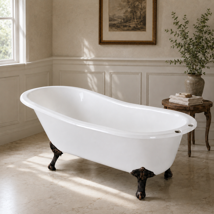 Kingston Heirloom NHVCT7D653129B5 - Aqua Eden 61-Inch Cast Iron Oval Single Slipper Clawfoot Tub (7-Inch Faucet Drillings), White/Oil Rubbed Bronze