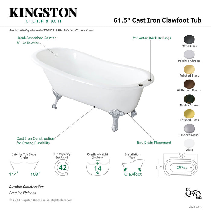 Kingston Heirloom NHVCT7D653129B5 - Aqua Eden 61-Inch Cast Iron Oval Single Slipper Clawfoot Tub (7-Inch Faucet Drillings), White/Oil Rubbed Bronze