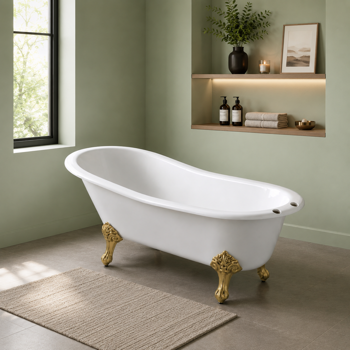 Kingston Heirloom NHVCT7D653129B7 - Aqua Eden 61-Inch Cast Iron Oval Single Slipper Clawfoot Tub (7-Inch Faucet Drillings), White/Brushed Brass