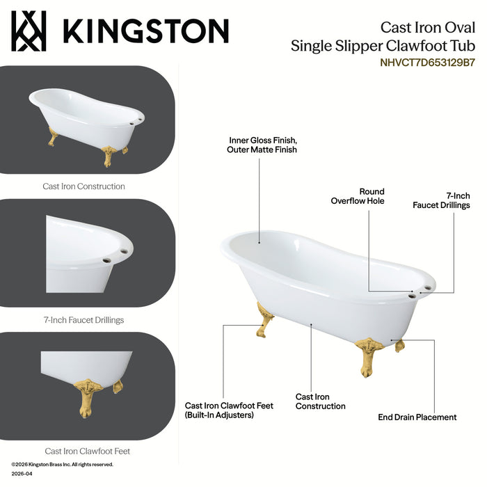 Kingston Heirloom NHVCT7D653129B7 - Aqua Eden 61-Inch Cast Iron Oval Single Slipper Clawfoot Tub (7-Inch Faucet Drillings), White/Brushed Brass