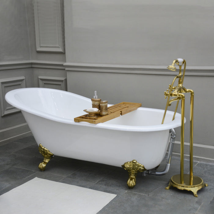 Kingston Heirloom NHVCTND653129B2 - Aqua Eden 61-Inch Cast Iron Oval Single Slipper Clawfoot Tub (No Faucet Drillings), White/Polished Brass