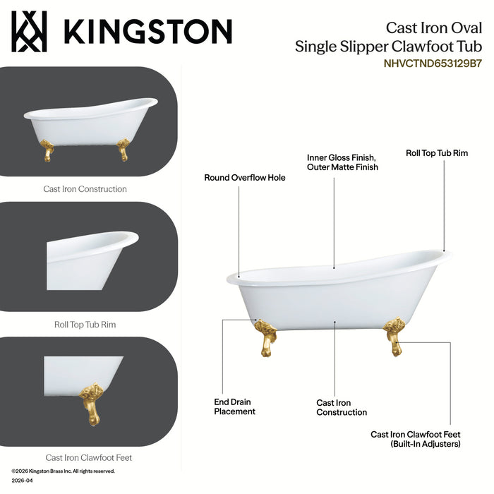 Kingston Heirloom NHVCTND653129B7 - Aqua Eden 61-Inch Cast Iron Oval Single Slipper Clawfoot Tub (No Faucet Drillings), White/Brushed Brass