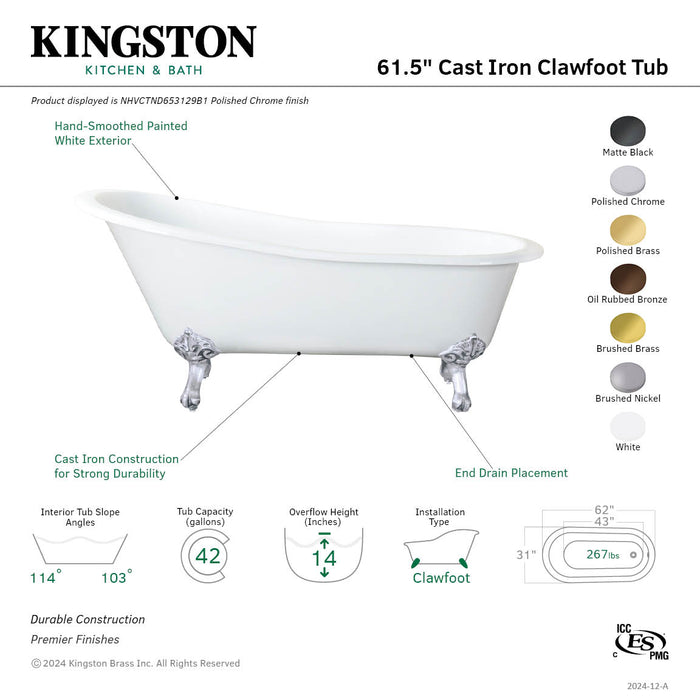 Aqua Eden NHVCTND653129B7 61-Inch Cast Iron Oval Single Slipper Clawfoot Tub (No Faucet Drillings), White/Brushed Brass