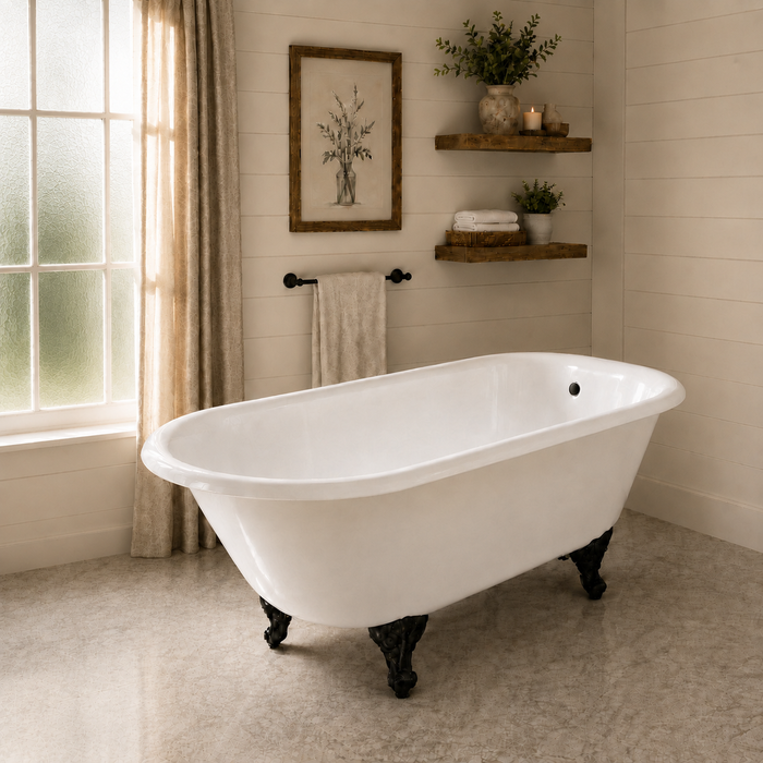Kingston Heirloom NHVCTND673123T0 - Aqua Eden 66-Inch Cast Iron Oval Rectangular Roll Top Clawfoot Tub (No Faucet Drillings), White/Matte Black