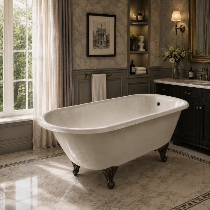 Kingston Heirloom NHVCTND673123T5 - Aqua Eden 66-Inch Cast Iron Oval Rectangular Roll Top Clawfoot Tub (No Faucet Drillings), White/Oil Rubbed Bronze