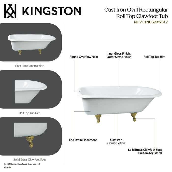 Kingston Heirloom NHVCTND673123T7 - Aqua Eden 66-Inch Cast Iron Oval Rectangular Roll Top Clawfoot Tub (No Faucet Drillings), White/Brushed Brass