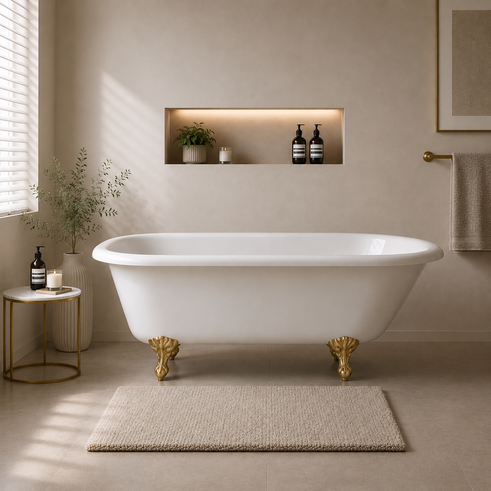 Kingston Heirloom NHVCTND673123T7 - Aqua Eden 66-Inch Cast Iron Oval Rectangular Roll Top Clawfoot Tub (No Faucet Drillings), White/Brushed Brass