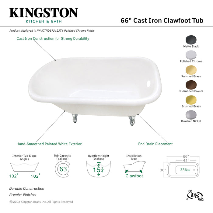 Kingston Heirloom NHVCTND673123T8 - Aqua Eden 66-Inch Cast Iron Oval Rectangular Roll Top Clawfoot Tub (No Faucet Drillings), White/Brushed Nickel