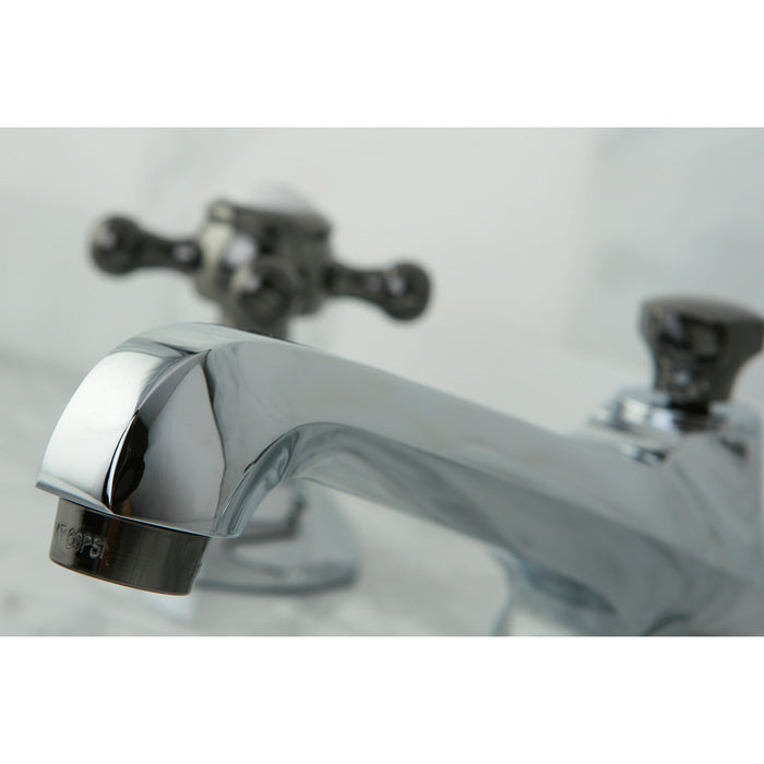 Kingston Tulare NS4463BX - Water Onyx Two-Handle 3-Hole Deck Mount Widespread Bathroom Faucet with Brass Pop-Up, Polished Chrome/Black Stainless Steel