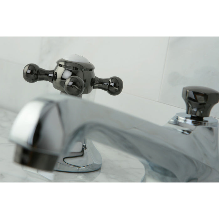Kingston Tulare NS4463BX - Water Onyx Two-Handle 3-Hole Deck Mount Widespread Bathroom Faucet with Brass Pop-Up, Polished Chrome/Black Stainless Steel