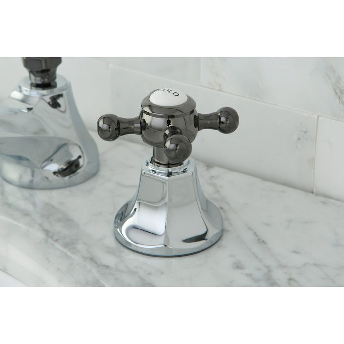 Kingston Tulare NS4463BX - Water Onyx Two-Handle 3-Hole Deck Mount Widespread Bathroom Faucet with Brass Pop-Up, Polished Chrome/Black Stainless Steel