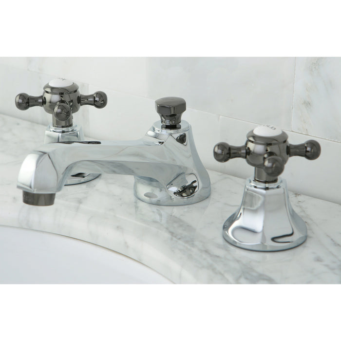 Kingston Tulare NS4463BX - Water Onyx Two-Handle 3-Hole Deck Mount Widespread Bathroom Faucet with Brass Pop-Up, Polished Chrome/Black Stainless Steel