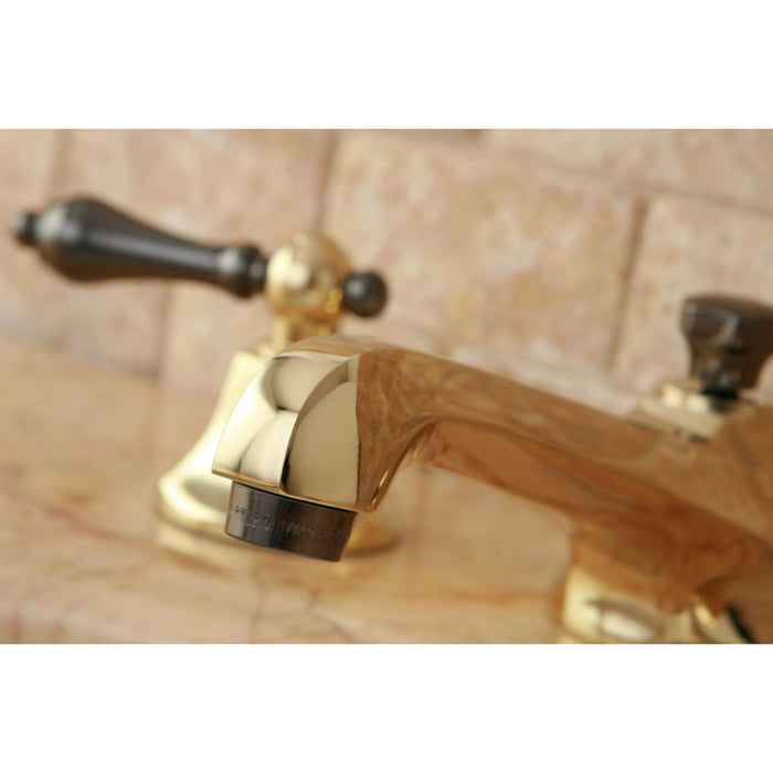 Water Onyx NS4466AL Two-Handle 3-Hole Deck Mount Widespread Bathroom Faucet with Brass Pop-Up, Polished Brass/Black Stainless Steel