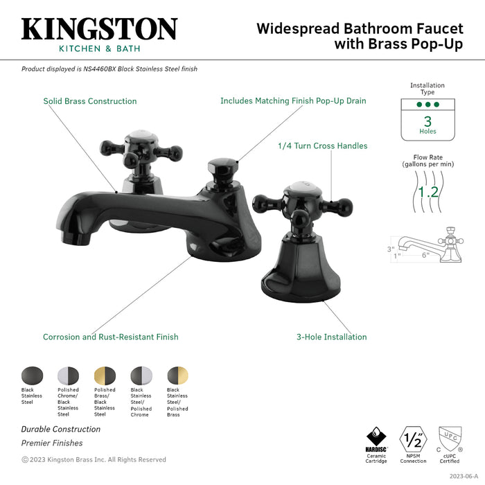 Kingston Tulare NS4466BX - Water Onyx Two-Handle 3-Hole Deck Mount Widespread Bathroom Faucet with Brass Pop-Up, Polished Brass/Black Stainless Steel