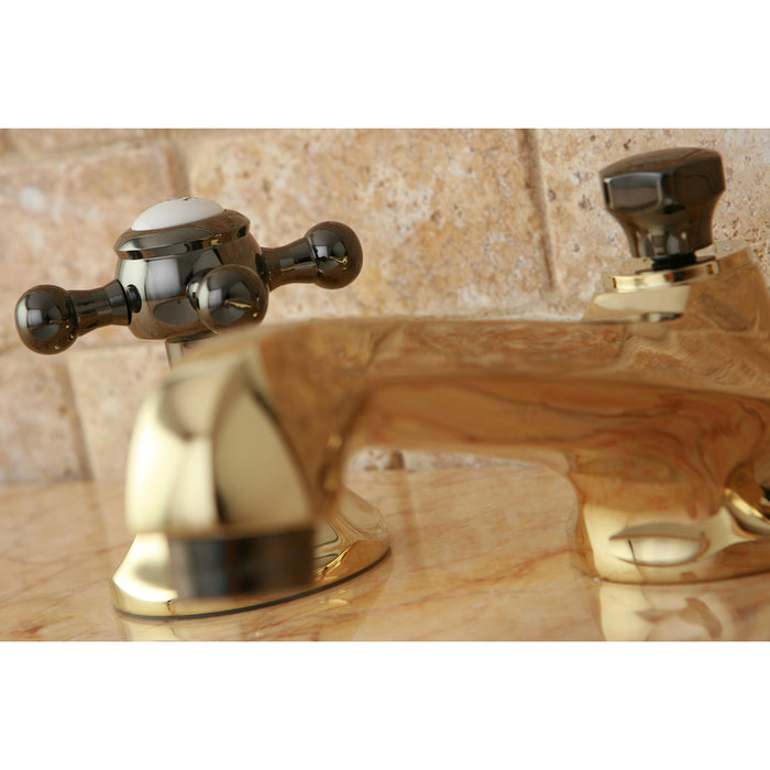 Kingston Tulare NS4466BX - Water Onyx Two-Handle 3-Hole Deck Mount Widespread Bathroom Faucet with Brass Pop-Up, Polished Brass/Black Stainless Steel