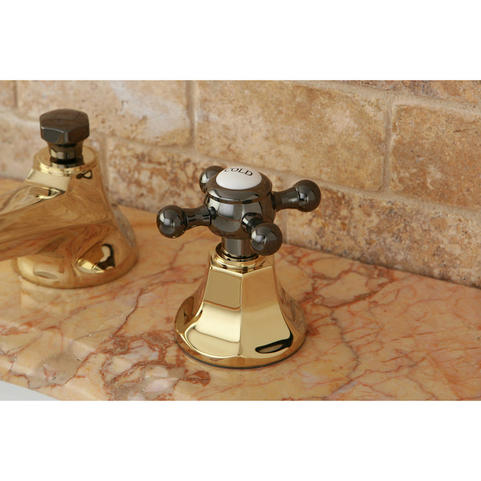 Kingston Tulare NS4466BX - Water Onyx Two-Handle 3-Hole Deck Mount Widespread Bathroom Faucet with Brass Pop-Up, Polished Brass/Black Stainless Steel