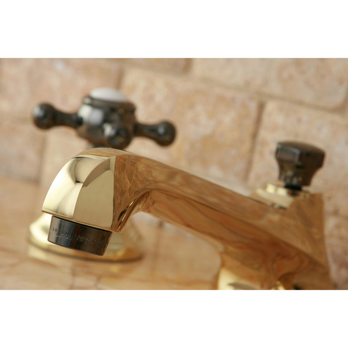 Kingston Tulare NS4466BX - Water Onyx Two-Handle 3-Hole Deck Mount Widespread Bathroom Faucet with Brass Pop-Up, Polished Brass/Black Stainless Steel