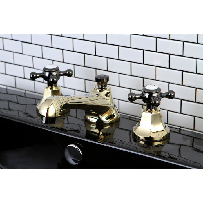 Kingston Tulare NS4466BX - Water Onyx Two-Handle 3-Hole Deck Mount Widespread Bathroom Faucet with Brass Pop-Up, Polished Brass/Black Stainless Steel