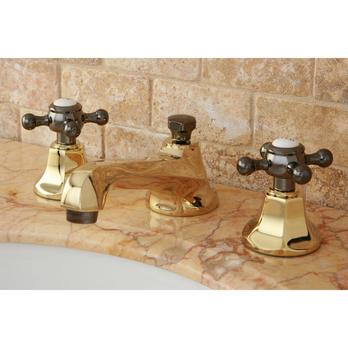 Kingston Tulare NS4466BX - Water Onyx Two-Handle 3-Hole Deck Mount Widespread Bathroom Faucet with Brass Pop-Up, Polished Brass/Black Stainless Steel