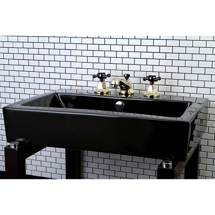 Kingston Tulare NS4466BX - Water Onyx Two-Handle 3-Hole Deck Mount Widespread Bathroom Faucet with Brass Pop-Up, Polished Brass/Black Stainless Steel