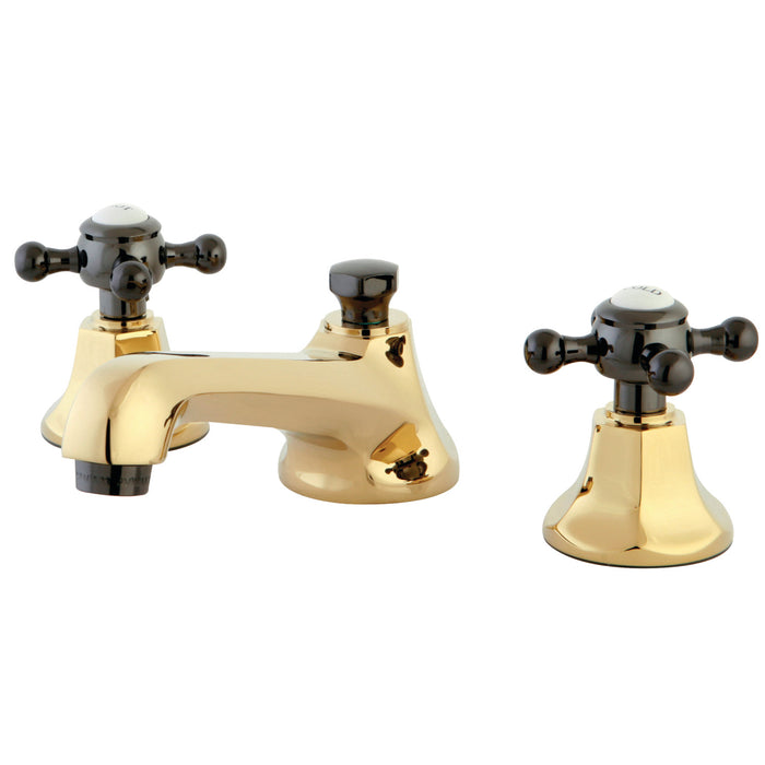 Kingston Tulare NS4466BX - Water Onyx Two-Handle 3-Hole Deck Mount Widespread Bathroom Faucet with Brass Pop-Up, Polished Brass/Black Stainless Steel