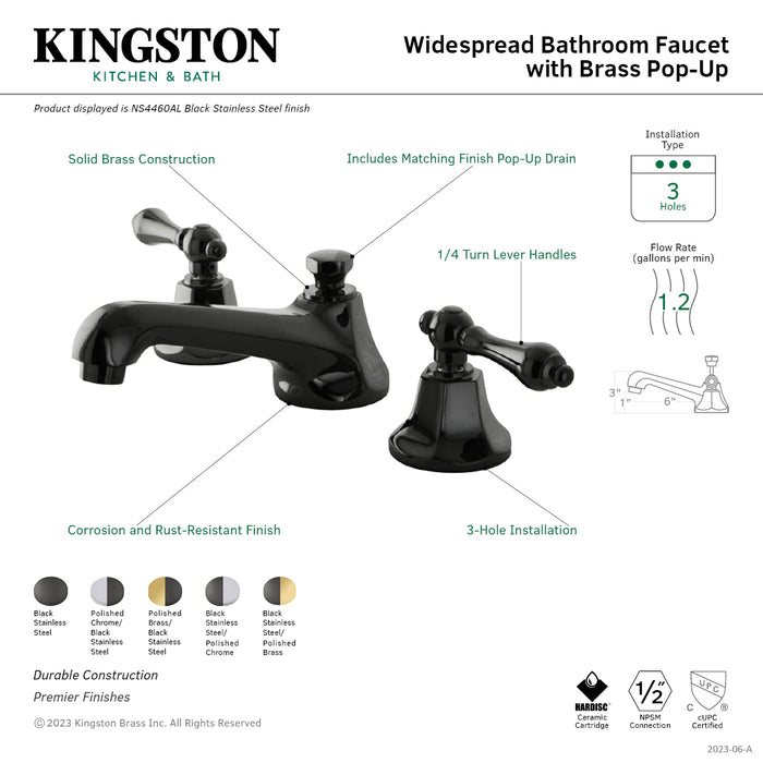 Kingston Tulare NS4469AL - Water Onyx Two-Handle 3-Hole Deck Mount Widespread Bathroom Faucet with Brass Pop-Up, Black Stainless Steel/Polished Brass