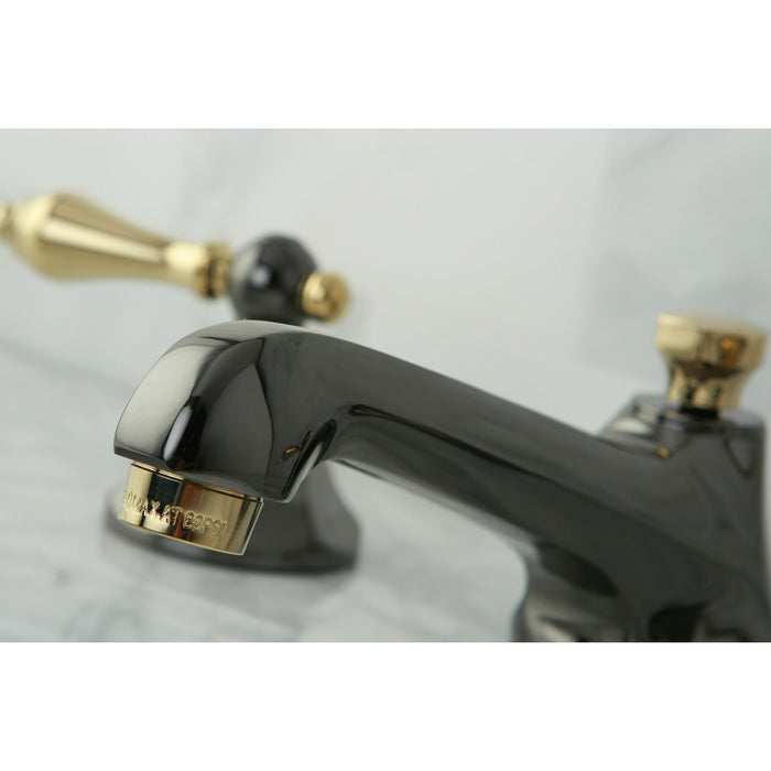 Kingston Tulare NS4469AL - Water Onyx Two-Handle 3-Hole Deck Mount Widespread Bathroom Faucet with Brass Pop-Up, Black Stainless Steel/Polished Brass