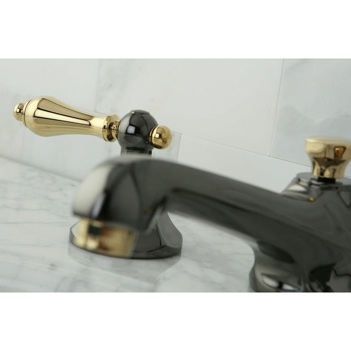 Kingston Tulare NS4469AL - Water Onyx Two-Handle 3-Hole Deck Mount Widespread Bathroom Faucet with Brass Pop-Up, Black Stainless Steel/Polished Brass