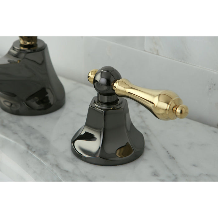 Kingston Tulare NS4469AL - Water Onyx Two-Handle 3-Hole Deck Mount Widespread Bathroom Faucet with Brass Pop-Up, Black Stainless Steel/Polished Brass