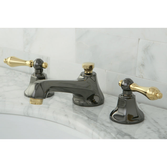 Kingston Tulare NS4469AL - Water Onyx Two-Handle 3-Hole Deck Mount Widespread Bathroom Faucet with Brass Pop-Up, Black Stainless Steel/Polished Brass