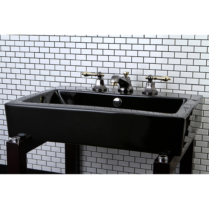 Kingston Tulare NS4469AL - Water Onyx Two-Handle 3-Hole Deck Mount Widespread Bathroom Faucet with Brass Pop-Up, Black Stainless Steel/Polished Brass