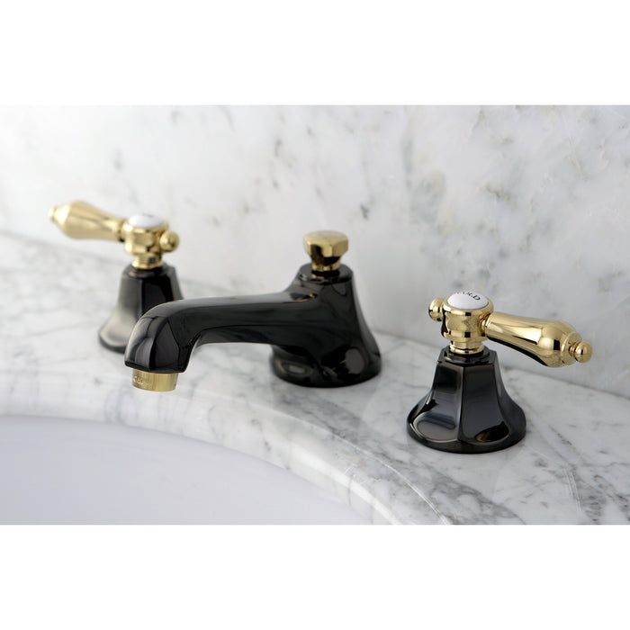 Water Onyx NS4469BAL Two-Handle 3-Hole Deck Mount Widespread Bathroom Faucet with Brass Pop-Up, Black Stainless Steel/Polished Brass